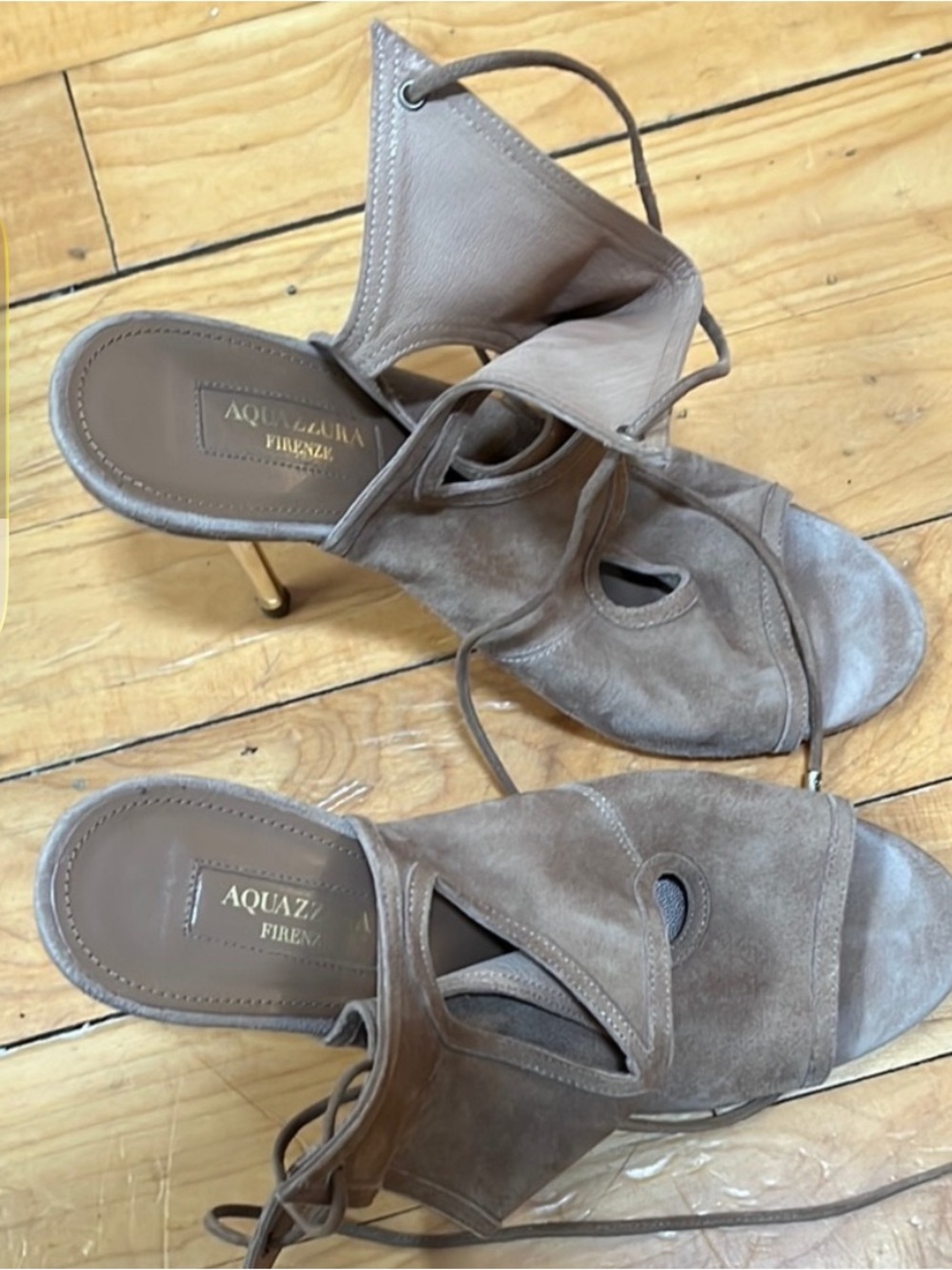 Aquazzura Beige Suede Lace-Up Cutout Heel - Picture 2 of 3